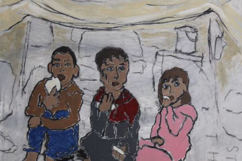 Hunger, 2024, Acrylic and charcoal on paper, 13 by 10 inches