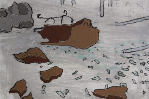 Shards of History, 2024, Acrylic, charcoal, and Conté Crayon on paper, 13 by 10 inches