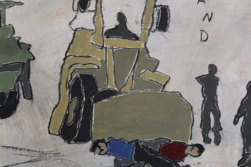 Shot and Buldozed, 2024, Acrylic and charcoal on paper, 13 by 10 inches