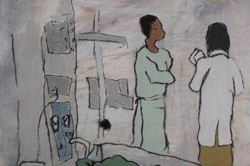 Tiniest Body Bags, 2024, Acrylic and charcoal on paper, 13 by 10 inches