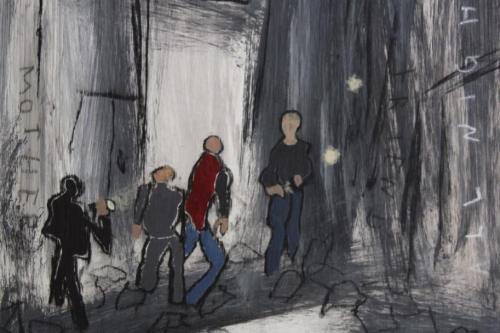 Searching All Night, 2024, Acrylic, charcoal, and Conté Crayon on paper, 13 by 10 inches