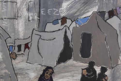 Night Falls, 2024, Acrylic, charcoal, and Conté Crayon on paper, 13 by 10 inches