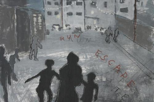 Flee if You Can, 2024, Acrylic, charcoal, and Conté crayon on paper, 23 by 17 inches
