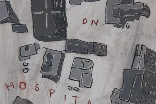 Firing on the Hospital, 2024, Acrylic, charcoal, and Conté crayon on paper, 13 by 10 inches