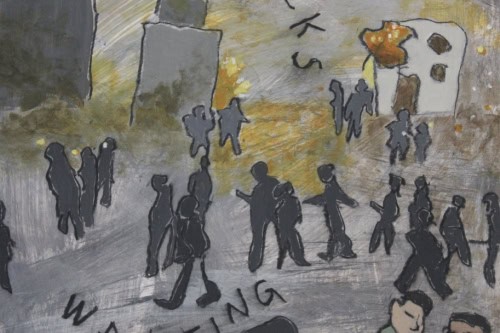 Waiting for Aid,  2024, Acrylic and charcoal on paper,  13 by 10 inches
