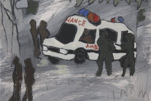 Seeding Chaos, 2024, Acrylic, charcoal, and Conté crayon on paper, 13 by 10 inches