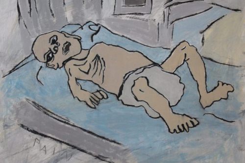 Starved to Death, 2025, Acrylic, charcoal, and Conté crayon on paper, image 23 by 17 inches