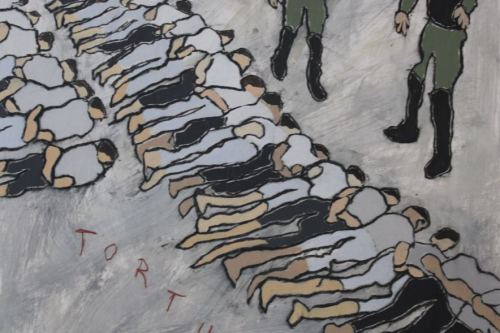 Tortured and Traumatized, 2025, Acrylic, charcoal, and Conté crayon on paper, 23 by 17 inches