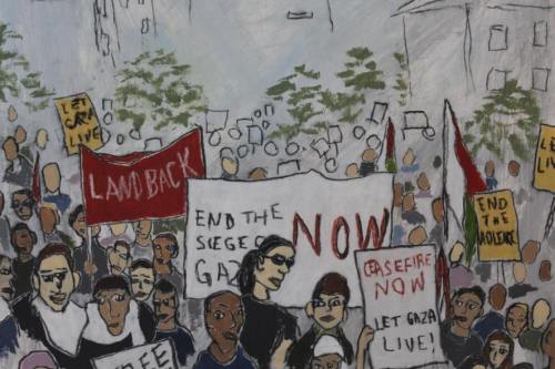 End the Violence, 2025, Acrylic, charcoal, and Conté crayon on paper, 23 by 17 inches