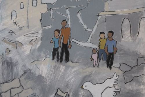 Yearning for Peace, 2025, Acrylic, charcoal, and Conté crayon on paper,  23 by 17 inches