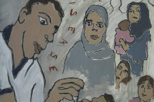 Polio Outbreak, 2025, Acrylic, charcoal, and Conté crayon on paper, 13 by 10 inches