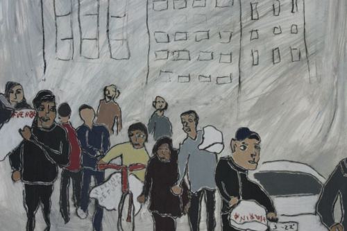 Survival, 2025, Acrylic, charcoal, and Conté crayon on paper, 23 by 17 inches