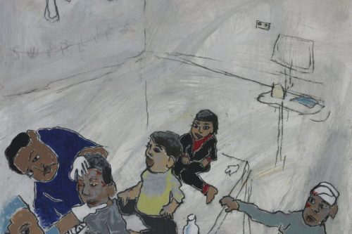 Urgent,  2025,  Acrylic, charcoal, and Conté crayon on paper, 23 by 17 inches