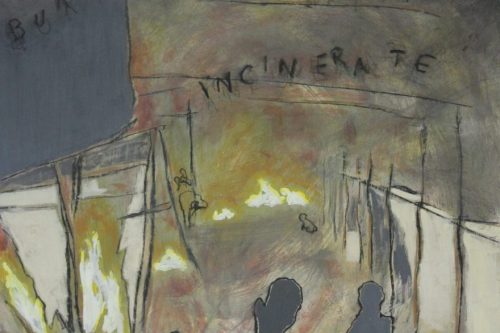 Refugee Camp Bombed, 2025, Acrylic and charcoal on paper, 23 by 17 inches