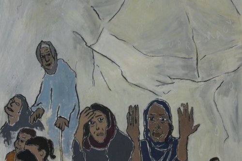 Why? 2005, Acrylic, charcoal, and Conté crayon on paper,  23 by 17 inches