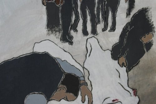 2025, Acrylic and charcoal on paper, 23 by 17 inches