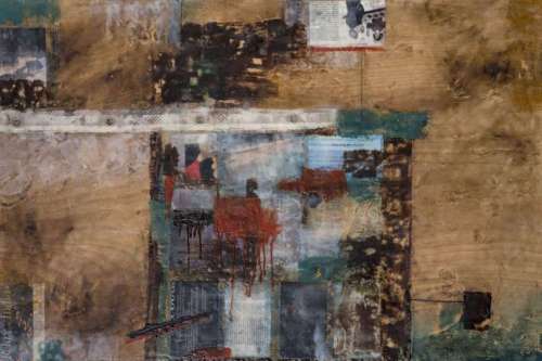 "112" 2012, Encaustic, charcoal, oil paint, fabric, paper and metal collage on wood, 24 by 36 inches