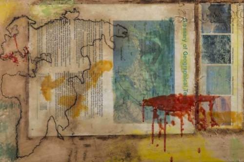 "Space and Place; Geography" 2012, Encaustic, charcoal, oil paint and paper collage on wood, 11 by 17 inches