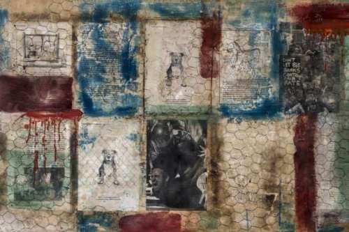 "Barriers" 2013, Encaustic, charcoal, oil paint, paper and metal collage on wood, 24 by 48 inches