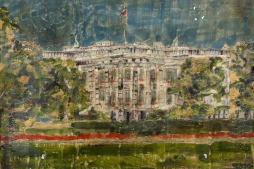 "Cold Deck" 2013, Encaustic, charcoal, oil paint and paper collage on wood, 12 by 16 inches