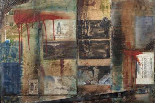 "At the Time of Jack the Ripper" 2014, Encaustic, charcoal, oil paint, paper and metal collage on wood, 18 by 24 inches