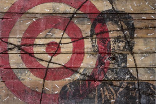 "Freedom..." 2014, Encaustic, oil paint, charcoal, paper, barbed wire and beetle replica collage on wood, 24 by 36 inches