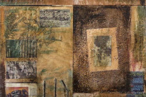 "Nuclear Refuge" 2014, Encaustic, charcoal, oil paint, paper, iron oxide powder and metal collage on wood, 18 by 24 inches