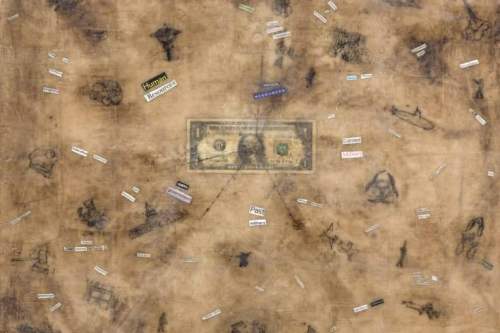 "Where It Goes" 2014, Encaustic, charcoal, oil paint, paper and dollar collage on wood, 36 by 24 inches