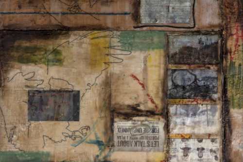 "A Plan for the Unplanned" 2015, Encaustic, charcoal, oil paint, plastic, paper and metal collage on wood, 18 by 24 inches