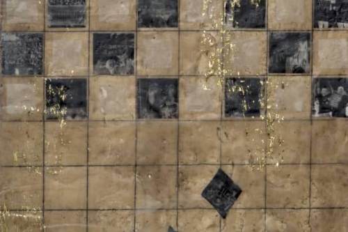 "Black and White" 2015, Encaustic, oil paint and gold foil collage on wood, 12 by 24 inches