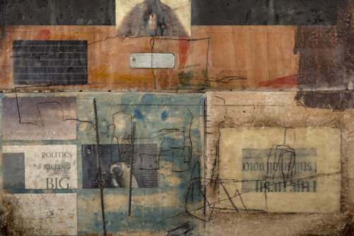 "Killing Big" 2015, Encaustic, charcoal, oil paint, paper and metal collage on wood, 18 by 24 inches