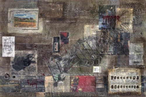 "Wite-Out" 2015, Encaustic, oil paint, charcoal, wire, paper, metal and bone collage on wood, 24 by 36 inches