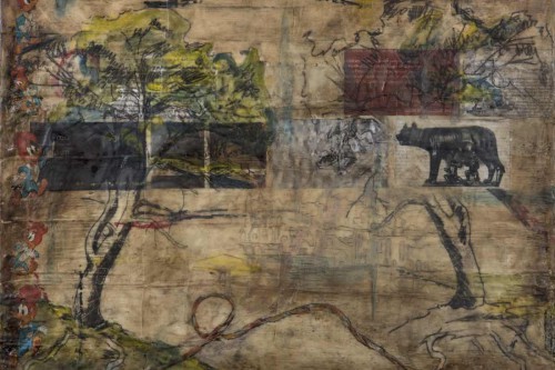 "Romulus and Remus" 2016, Encaustic, oil paint, charcoal and paper collage on wood, 18 by 24 inches