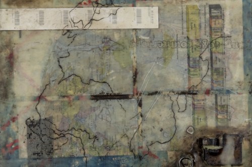 "Cutting Edge" 2015, Encaustic, oil paint and paper collage on wood, 9 by 12 inches