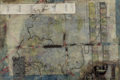 "Cutting Edge" 2015, Encaustic, oil paint and paper collage on wood, 9 by 12 inches