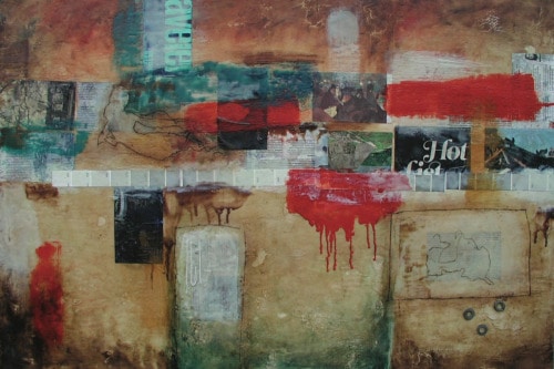 "Hotlist" 2012, Encaustic, charcoal, oil paint, fabric, paper and metal collage on wood, 24 by 36 inches