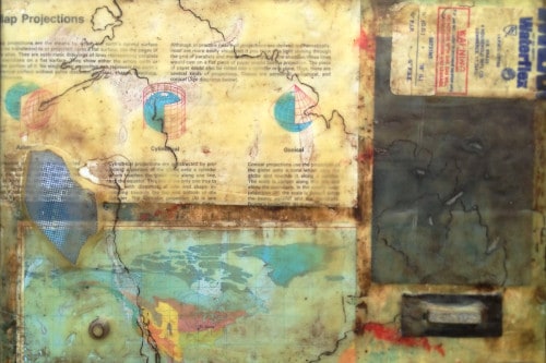 "Projections" 2015, Encaustic, oil paint and paper collage on wood, 9 by 12 inches
