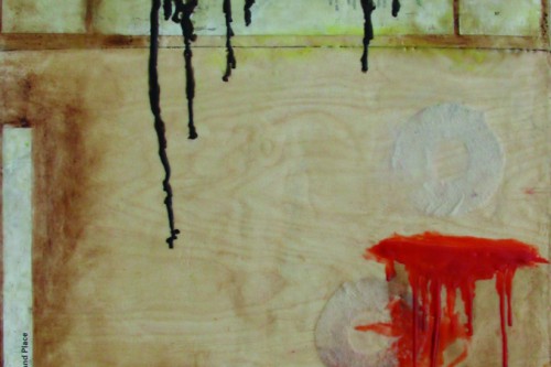 "Space and Place; Vegetation" 2012, Encaustic and mixed media on wood, 30 by 17 inches