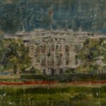 Encaustic painting of the White House made of playing cards.