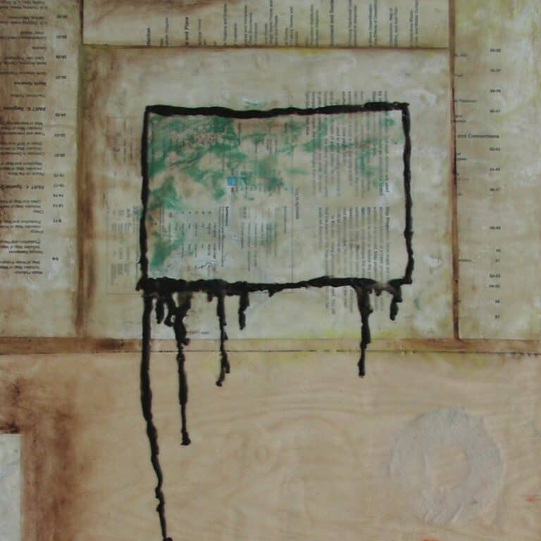 "Space and Place; Vegetation" 2012, Encaustic and mixed media on wood, 30 by 17 inches