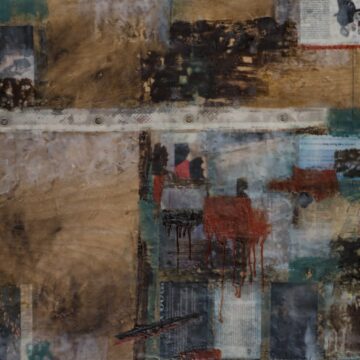Abstract encaustic painting with oil paint, paper, fabric and metal collage.