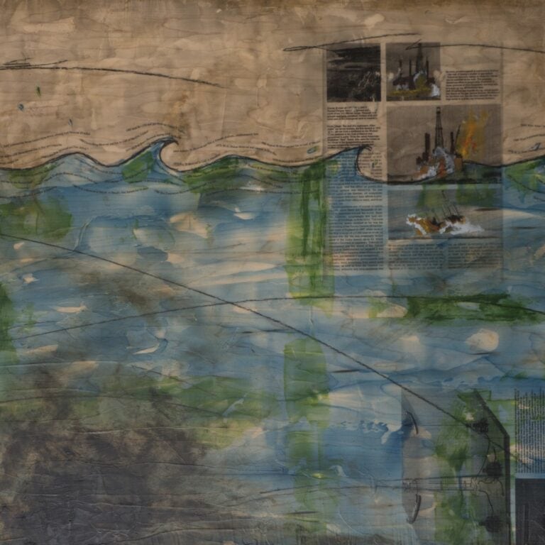 Painting of ocean with names of all the different underwater oil well disasters juxtaposed with an image of an oil rig on fire.