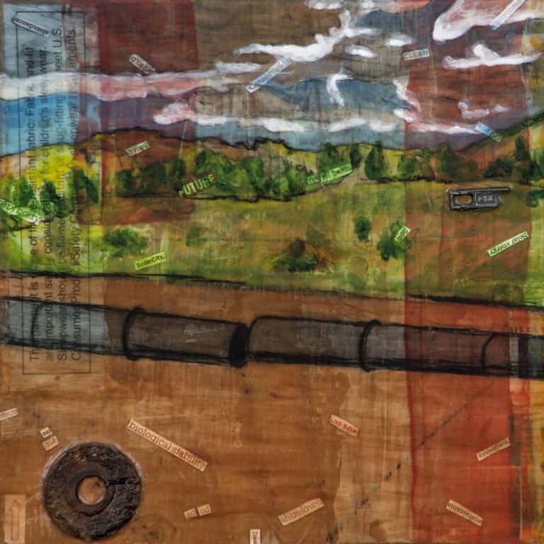 Painting of a landscape with a broken oil pipeline running underground with collaged paper and found material in the work.