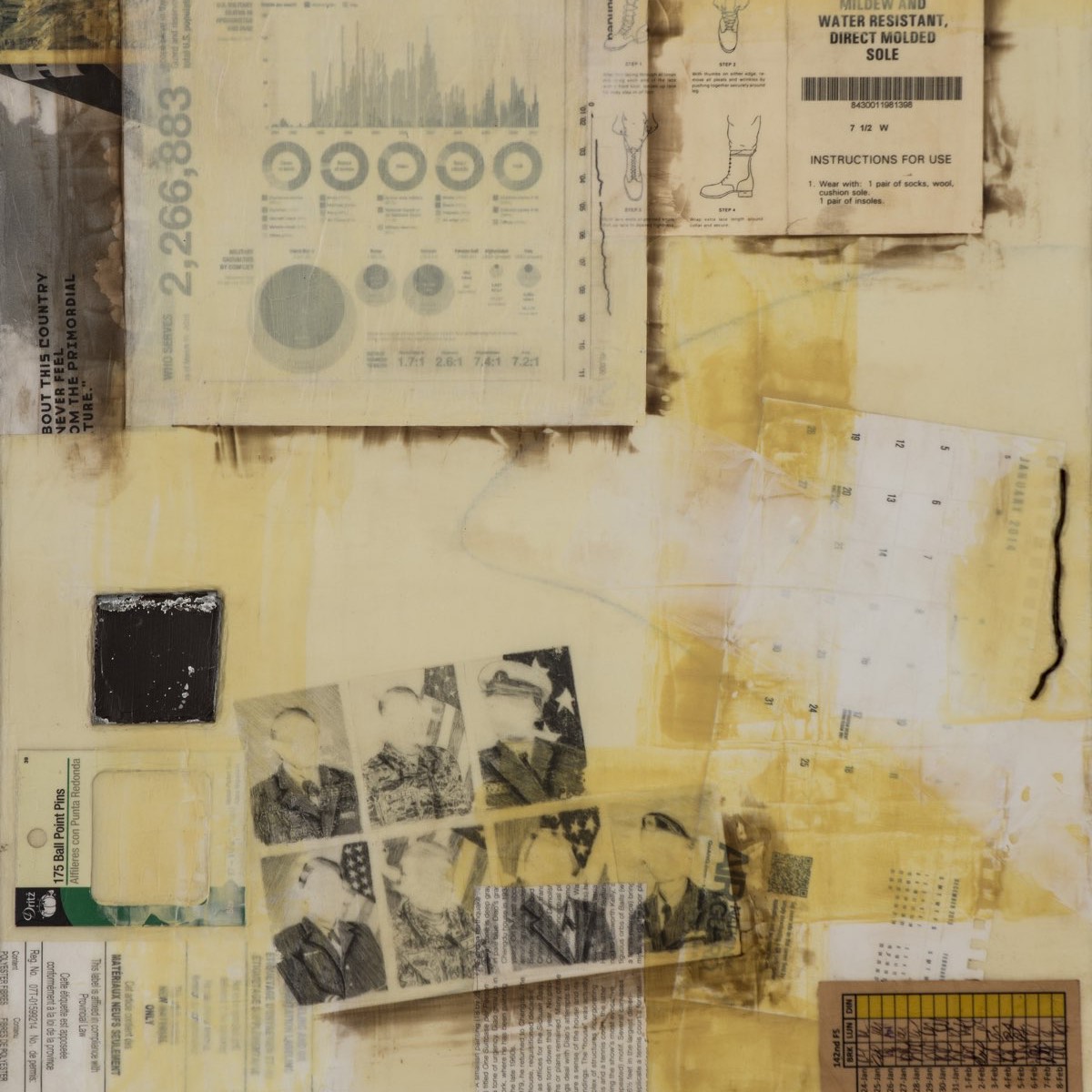 Collaged painting in yellow and white with magazine clippings, tags drawings of military personal, and metal.