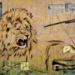 Painting of a lion with a gun pointed at it.