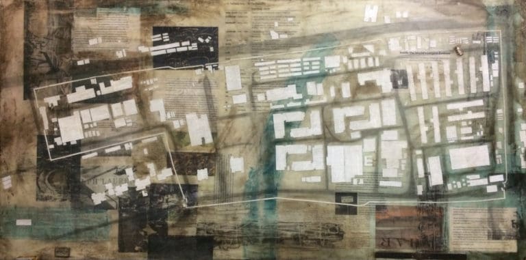Collage painting of arial view of The US Embassy in Iraq