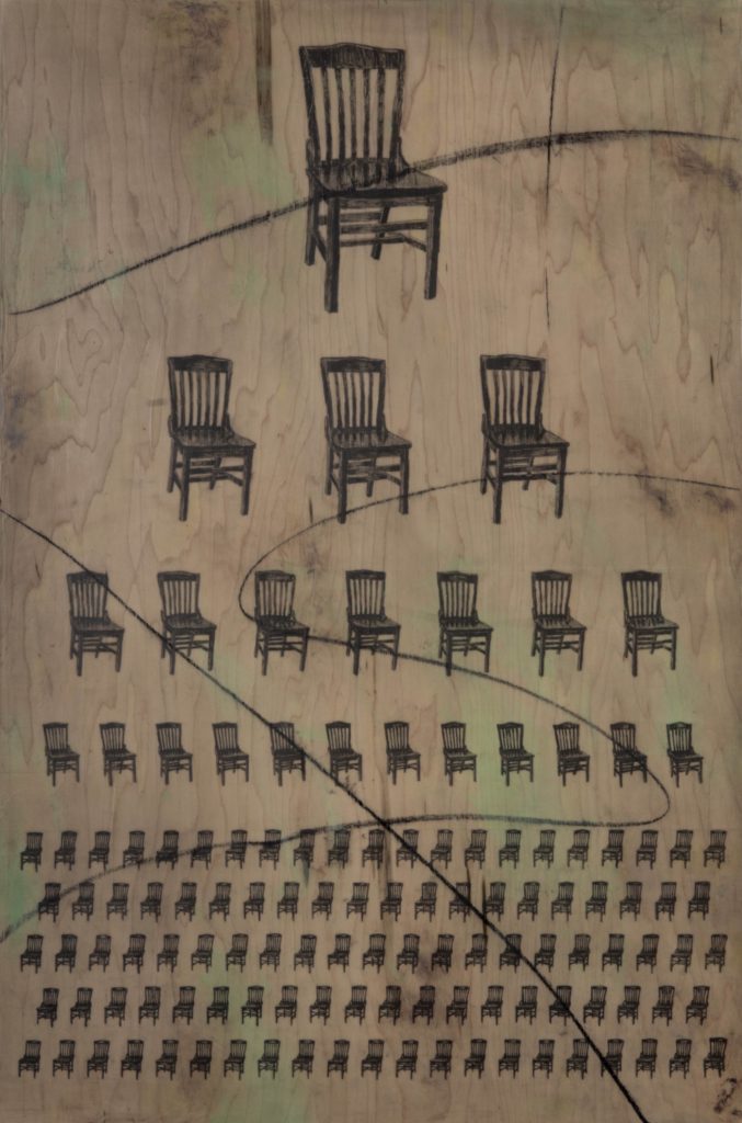 Chairs, 36 by 24 inches, acrylic, charcoal and graphite on wood, 2016