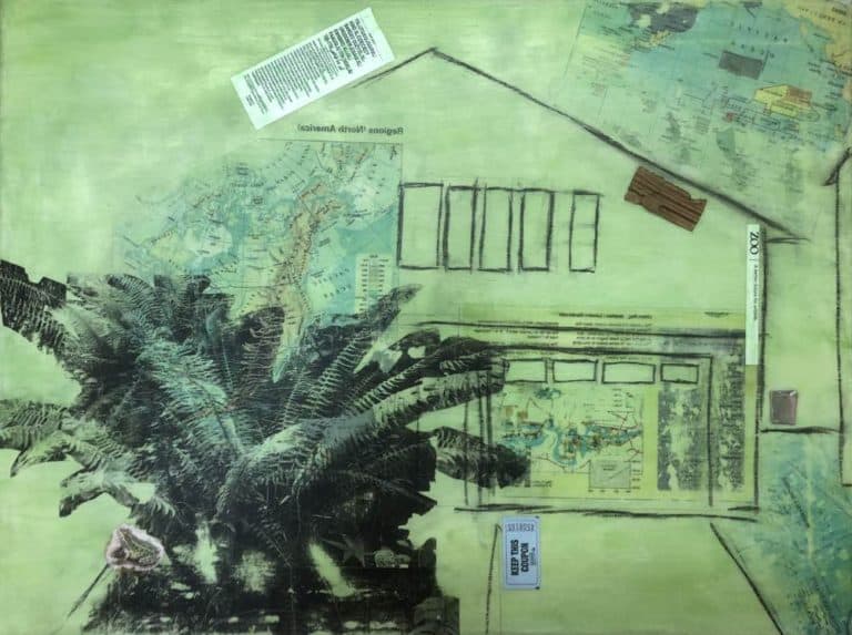 A Better Future, 18 by 24 inches, acrylic, charcoal, paper, image transfers, cardboard and metal on canvas, 2020