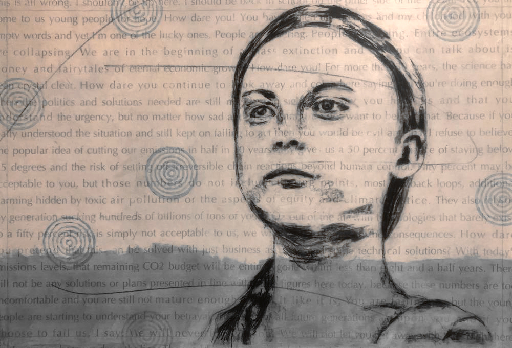 Greta Thunberg, 24 by 36 inches, acrylic, charcoal and image transfers on canvas, 2020.