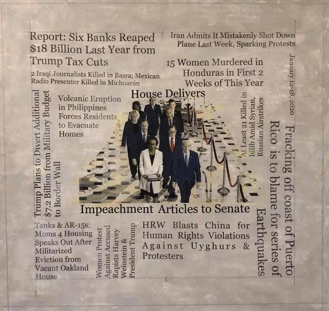 Painting of newspaper headlines and image collaged together.